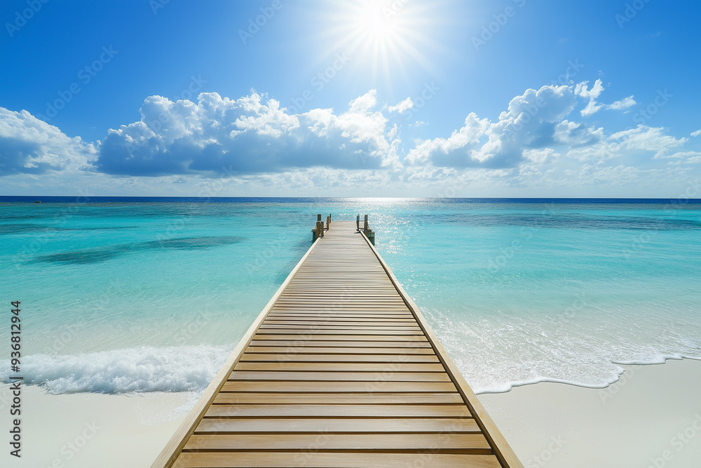 Obraz premium light wooden jetty on a beautiful clear turquoise ocean on a beach in the Maldives, wallpaper, generative AI