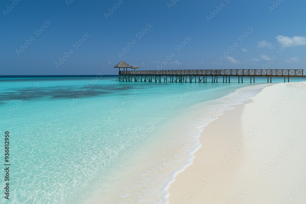 Fototapeta premium light wooden jetty on a beautiful clear turquoise ocean on a beach in the Maldives, wallpaper, generative AI