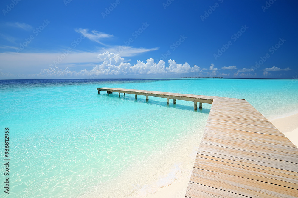 light wooden jetty on a beautiful clear turquoise ocean on a beach in the Maldives, wallpaper, generative AI light wooden jetty on a beautiful clear turquoise ocean on a beach in the Maldives, wallpaper, generative AI
