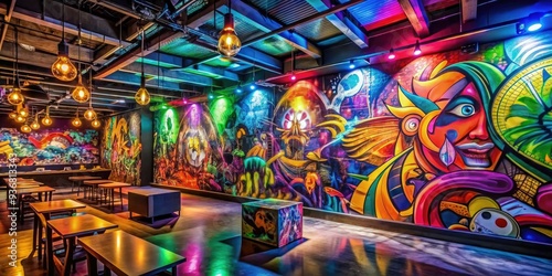 Vibrant graffiti artwork adorns a trendy nightclub's wall, featuring colorful tags and abstract designs, creating a lively atmosphere for young revelers and partygoers.