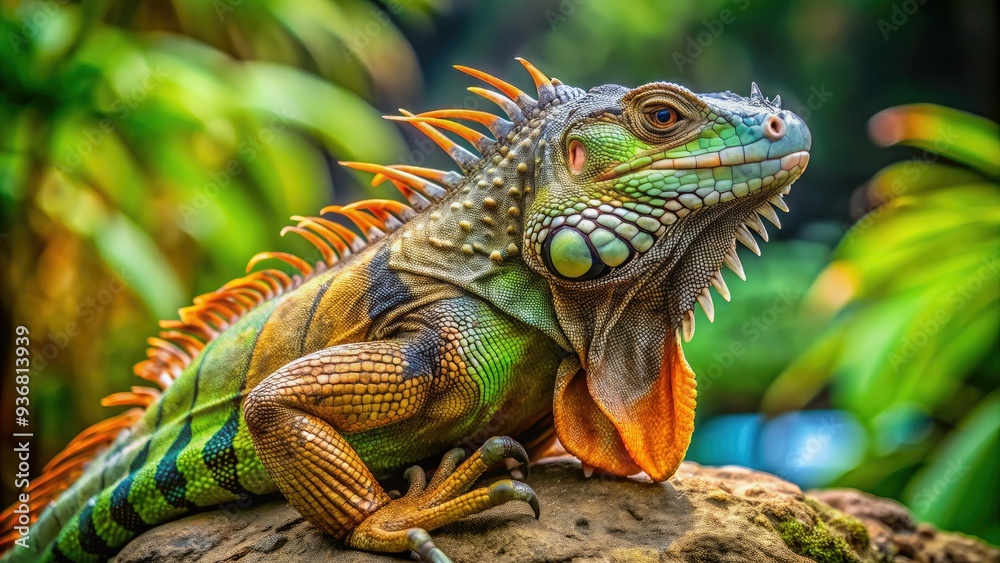 Vibrant green and brown iguana lizard with scaly skin and spiky back poses on a natural stone rock in a European garden or backyard setting. Vibrant green and brown iguana lizard with scaly skin and spiky back poses on a natural stone rock in a European garden or backyard setting.