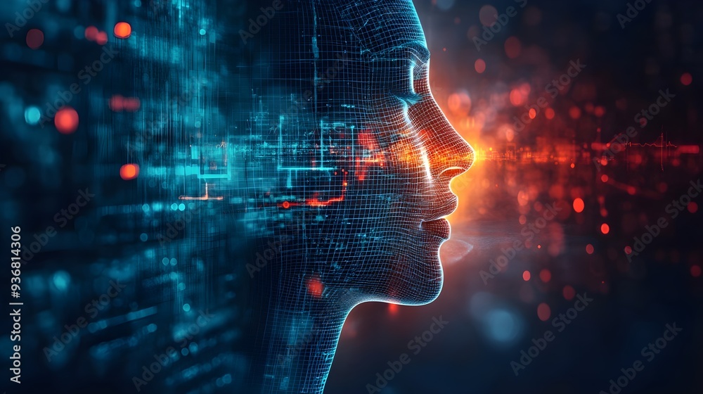 Double exposure of AI soundwaves and facial recognition blueprints, emphasizing the intersection of technology and advanced biometric security Double exposure of AI soundwaves and facial recognition blueprints, emphasizing the intersection of technology and advanced biometric security