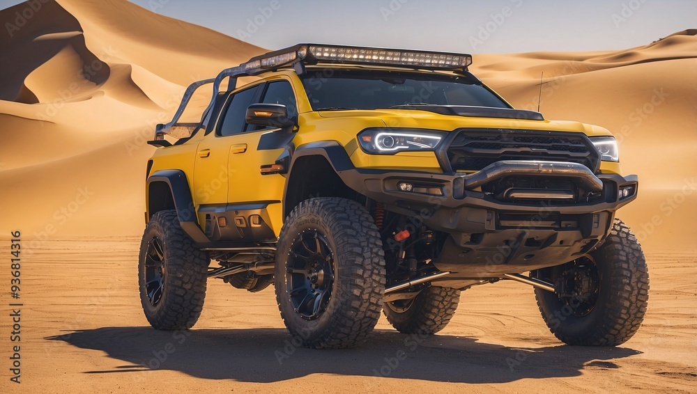 A high-performance vehicle with desert backdrop, in the style of wide-angle photography, full body portrait, yellow background, blue light, warm atmosphere A high-performance vehicle with desert backdrop, in the style of wide-angle photography, full body portrait, yellow background, blue light, warm atmosphere