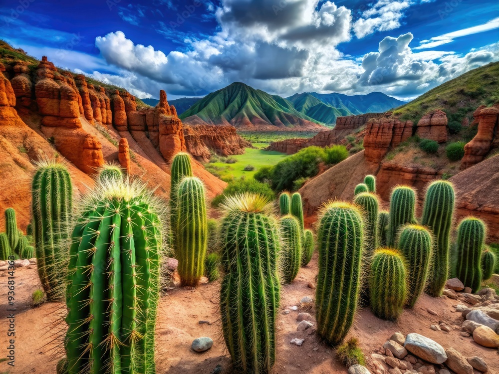 Vibrant green cacti thrive amidst rust-red rock formations and arid terrain in the stunning desert landscape of Huila, Colombia, showcasing nature's contrasts. Vibrant green cacti thrive amidst rust-red rock formations and arid terrain in the stunning desert landscape of Huila, Colombia, showcasing nature's contrasts.