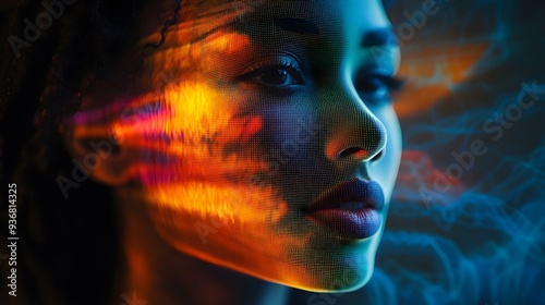 Face scan merging with soundwave patterns, emphasizing speech analysis software and biometric security, captured in a striking double exposure photo