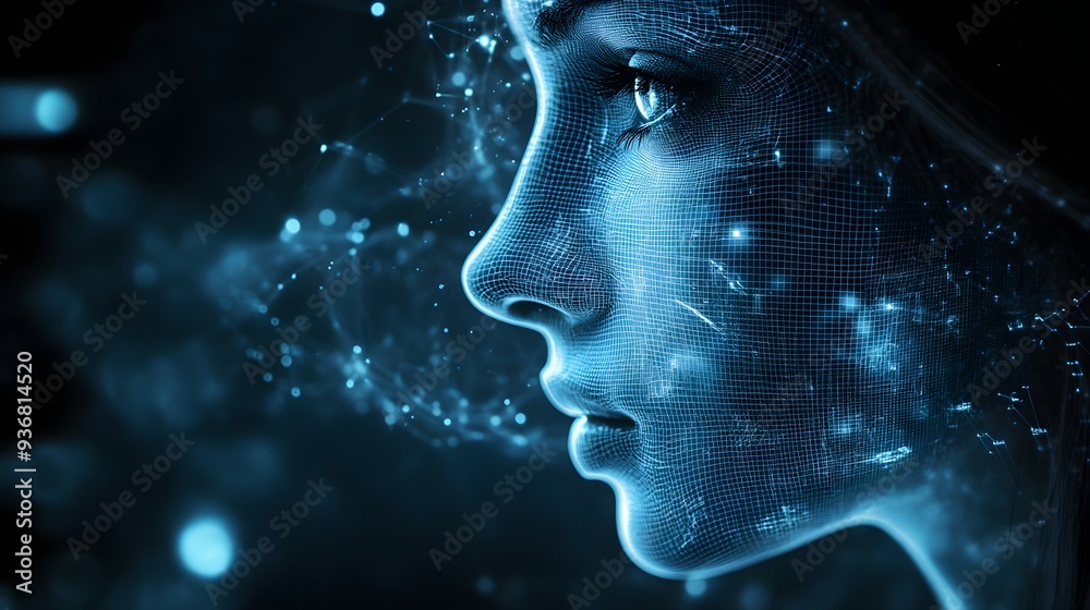 Double exposure of AI soundwaves and facial recognition blueprints, emphasizing the intersection of technology and advanced biometric security Double exposure of AI soundwaves and facial recognition blueprints, emphasizing the intersection of technology and advanced biometric security