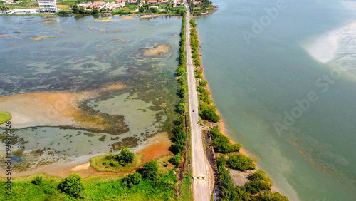 Top Wide angle view Of a road by the ocean