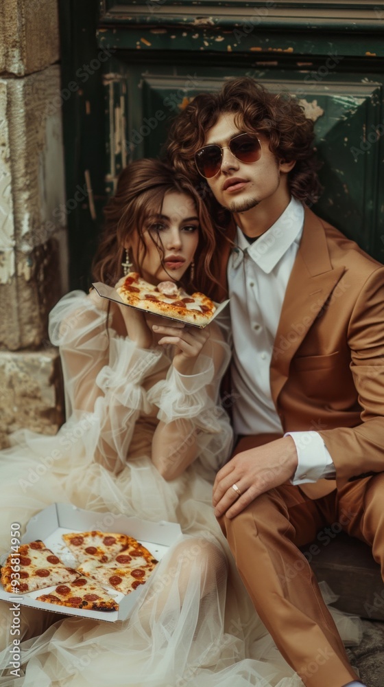 The bride and groom share a playful moment as they enjoy slices of pizza while dressed in formal wedding attire. Their relaxed demeanor showcases their joy The bride and groom share a playful moment as they enjoy slices of pizza while dressed in formal wedding attire. Their relaxed demeanor showcases their joy