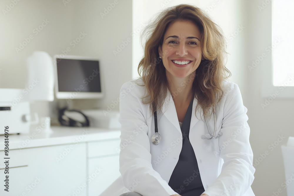 happy cheerful smiling middle-aged female doctor in a coat with a stethoscope in a doctor's office, generative AI happy cheerful smiling middle-aged female doctor in a coat with a stethoscope in a doctor's office, generative AI