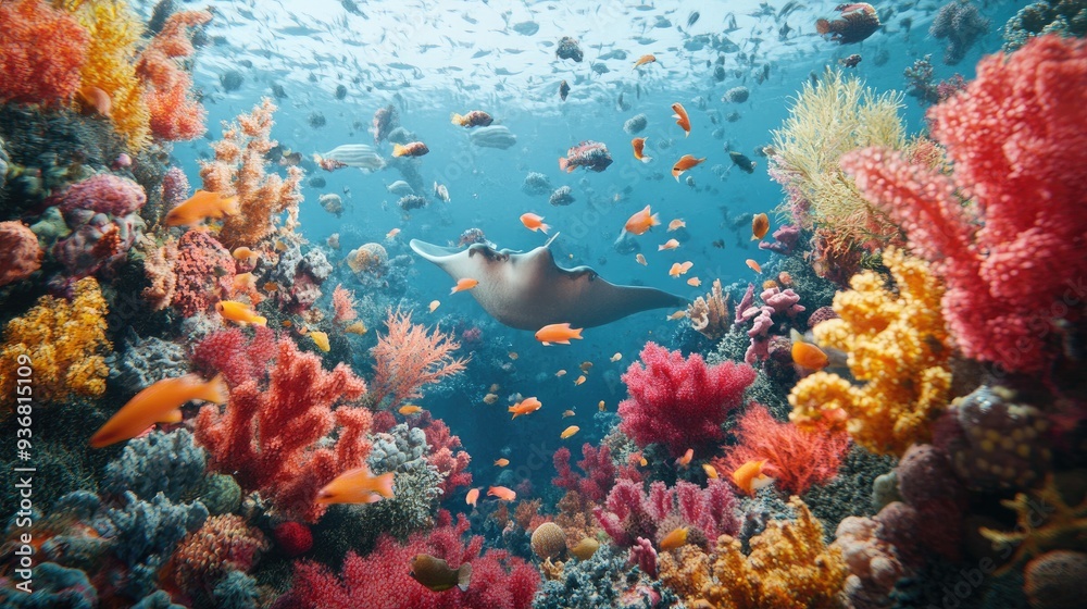 A manta ray swims through a vibrant coral reef, surrounded by colorful fish. A manta ray swims through a vibrant coral reef, surrounded by colorful fish.