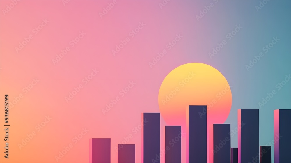 Fototapeta premium Futuristic skyline, sunset gradient, silhouetted skyscrapers