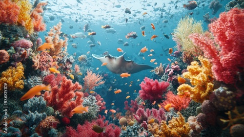 A manta ray swims through a vibrant coral reef, surrounded by colorful fish.