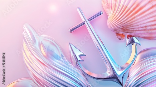 Futuristic nautical decor, holographic seashells and anchors, sleek background photo