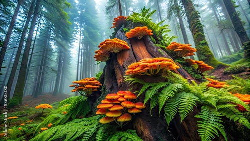 Vibrant green ferns and moss surround a cluster of bright orange fungus growing on a decaying tree trunk in a misty forest ecosystem. photo