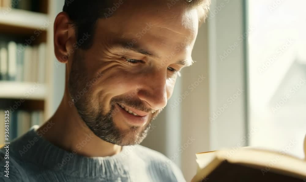 British Man Reading Books in Cozy Indoor Setting