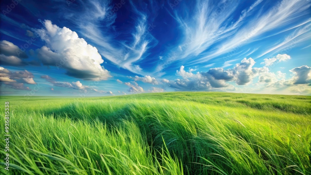Vibrant green grass stretches towards the horizon, swaying gently in the breeze, with a few wispy clouds scattered across a bright blue summer sky background. Vibrant green grass stretches towards the horizon, swaying gently in the breeze, with a few wispy clouds scattered across a bright blue summer sky background.