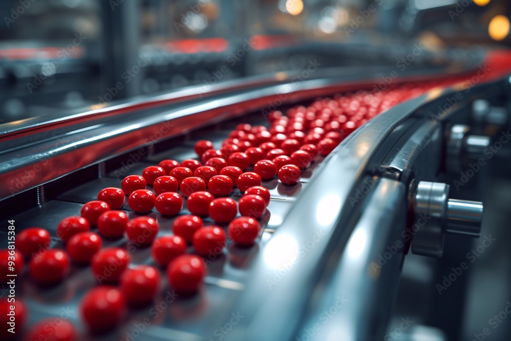 Close-up view of shiny red balls moving along an industrial conveyor belt, showcasing modern manufacturing processes in a dynamic setting.