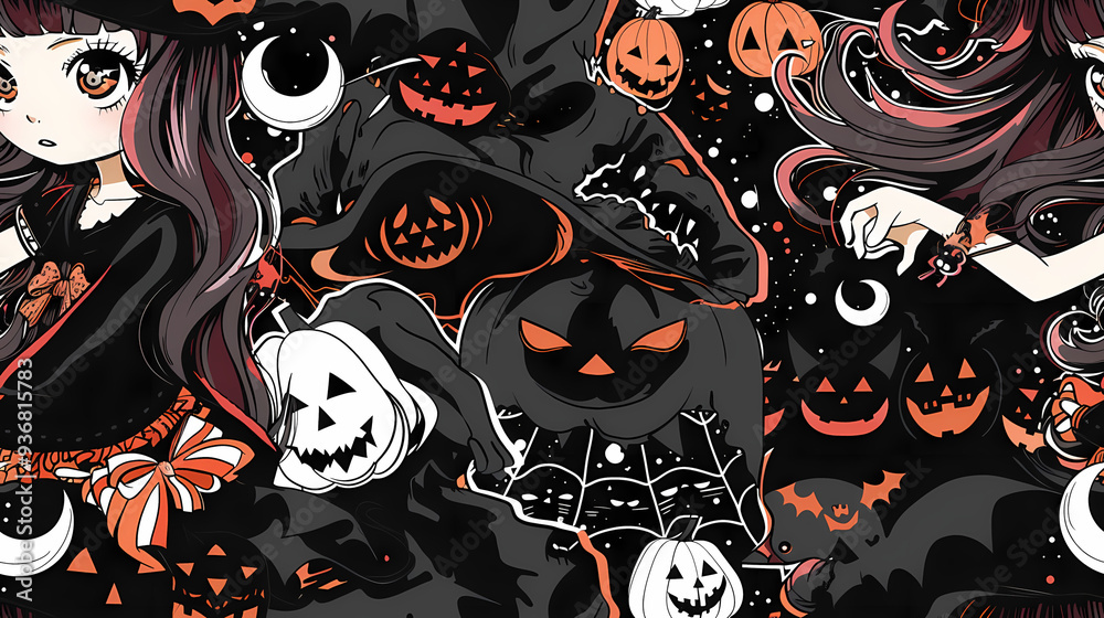 Anime Manga Halloween Witch Seamless Tile Pattern Design Anime Manga Halloween Witch Seamless Tile Pattern Design