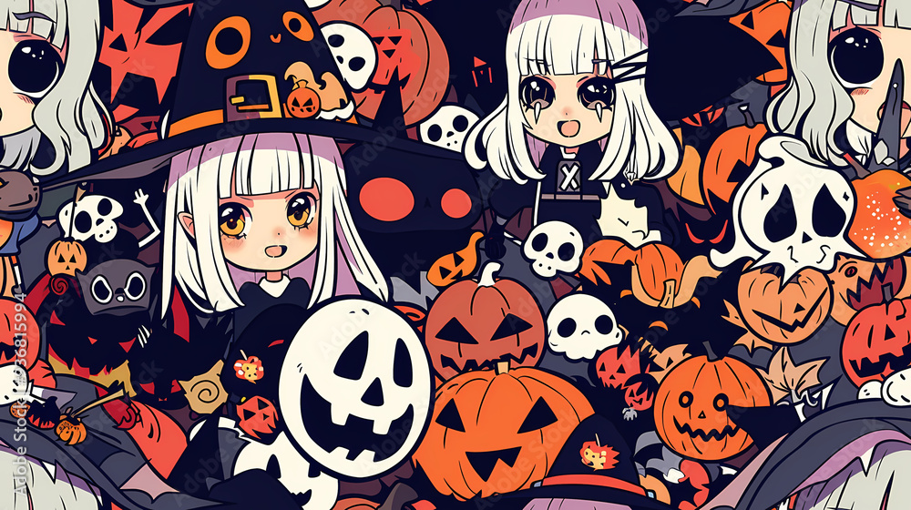 Fototapeta premium Anime Manga Halloween Witch Seamless Tile Pattern Design