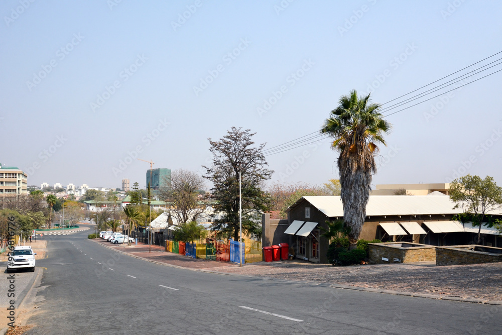 View of a road with small suburban houses on the sides and trees View of a road with small suburban houses on the sides and trees