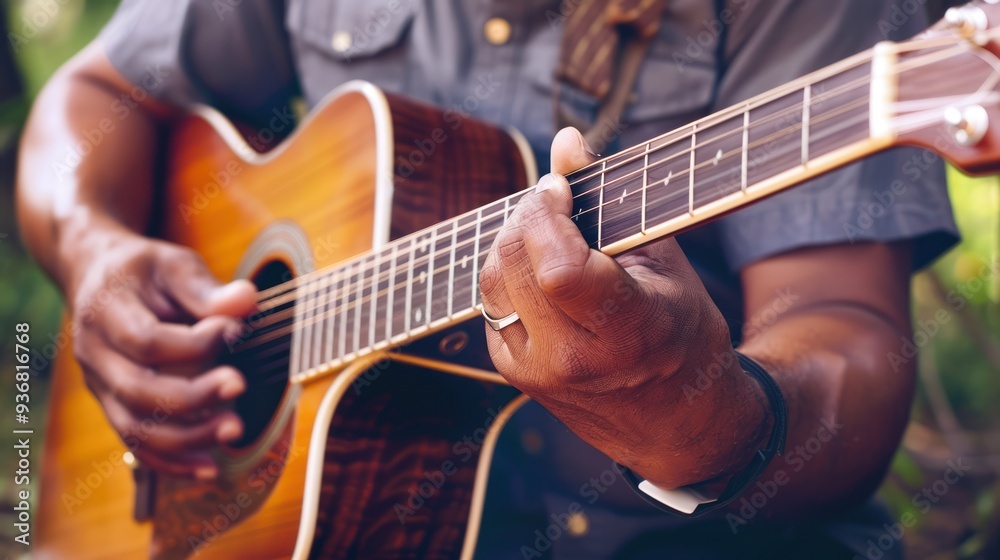 Obraz premium Acoustic Guitar Playing Closeup