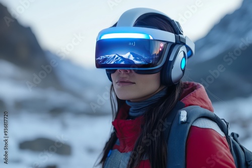 A woman standing in a winter landscape wearing a VR headset experiencing the blend of cold natural beauty with immersive digital technology