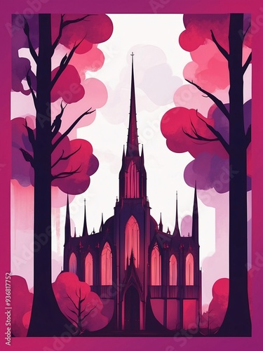 A minimal and strange illustration with a color scheme of deep purples, reds, greens, and black using an ombre purple background, a portrait of a gothic cathedral with tall spires. 