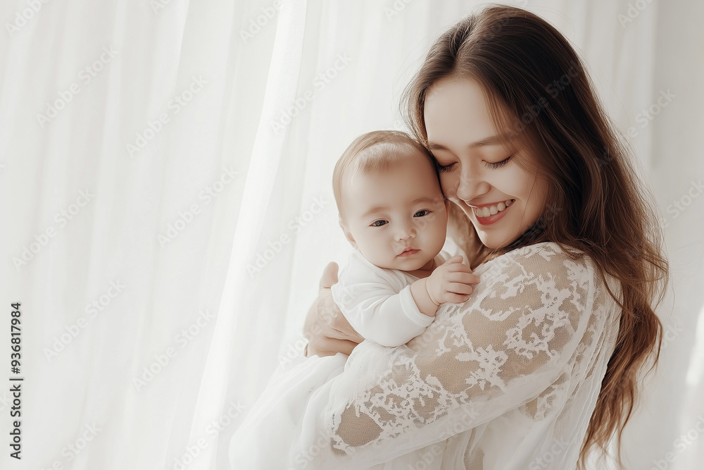 young beautiful happy woman hugs baby in white room, generative AI young beautiful happy woman hugs baby in white room, generative AI