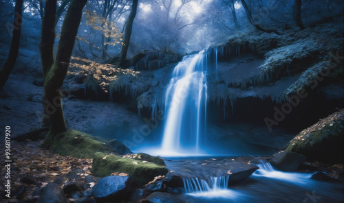A cascading waterfall flows through a misty forest