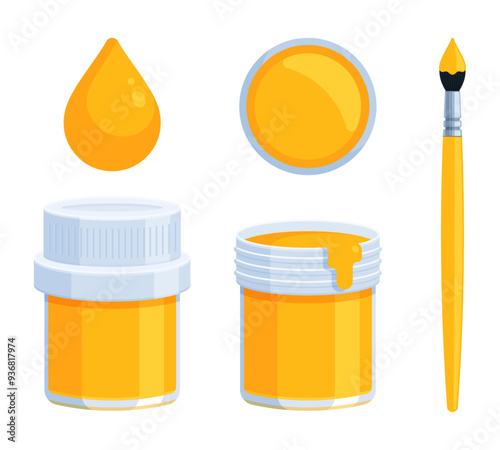 Set of yellow paint bottle with brush and paint drop. Flat vector illustration isolated on white background. Tempera, gouache, acrylic, and watercolor painting concepts. Perfect for creative projects