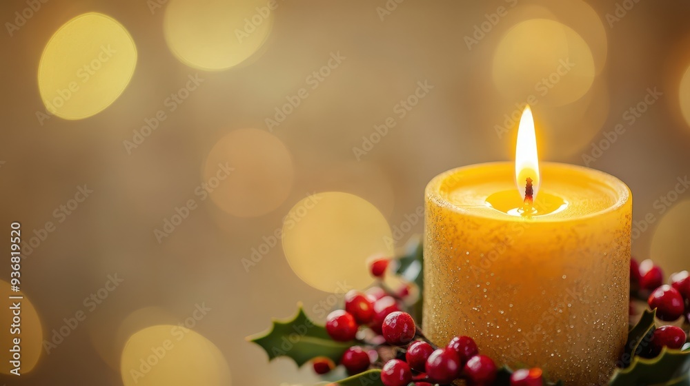A decorative candle emits a gentle glow surrounded by red berries and greens, enhancing the warm, festive atmosphere of the season