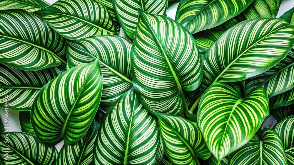 Vibrant green tropical leaves with delicate veins and intricate patterns create a stunning arrangement on a bright white background, evoking a sense of exotic paradise. Vibrant green tropical leaves with delicate veins and intricate patterns create a stunning arrangement on a bright white background, evoking a sense of exotic paradise.