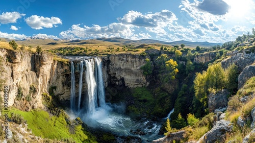 Panoramic image of Tortum (Uzundere) waterfall from down in Uzundere. Landscape view of Tortum Waterfall in Tortum,Erzurum,Turkey. Explore the world's beauty and wildlife , ai