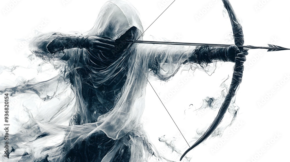 Fototapeta premium A translucent ghost archer mid-shot, eerie masks hovering, dark fantasy style, high contrast, isolated on white background