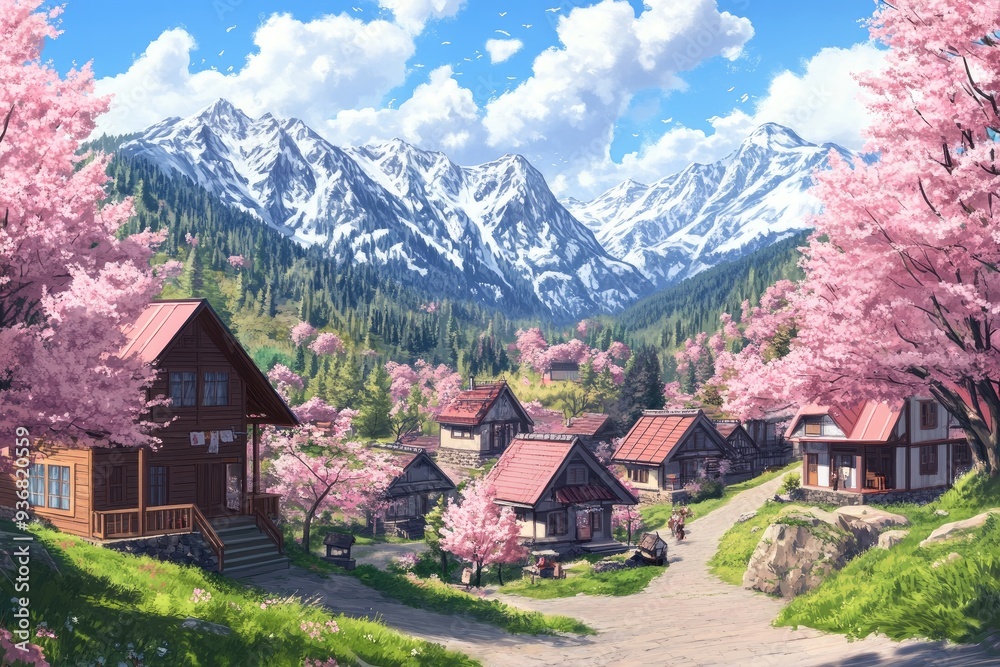 A quaint village nestled in a mountain valley with cherry blossoms in bloom and a sunny sky. A quaint village nestled in a mountain valley with cherry blossoms in bloom and a sunny sky.
