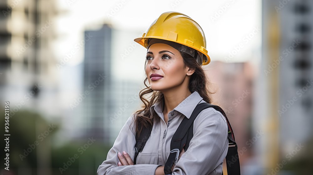 A girl engineer in a safety helmet against the background of the construction of an apartment complex. A girl engineer in a safety helmet against the background of the construction of an apartment complex.