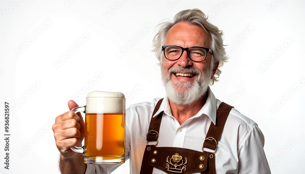 Old Man in bavarian clothes holding beer mug oktoberfest white background Old Man in bavarian clothes holding beer mug oktoberfest white background