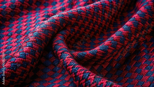Vibrant houndstooth pattern in bold shades of crimson and midnight blue, featuring intricate woven texture and rich, jewel-toned hues on a luxurious woolen fabric.