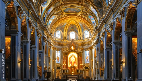 The ornate altar in St. Peter's Basilica in Battrill has a golden halo setting off the sacred atmosphere. photo