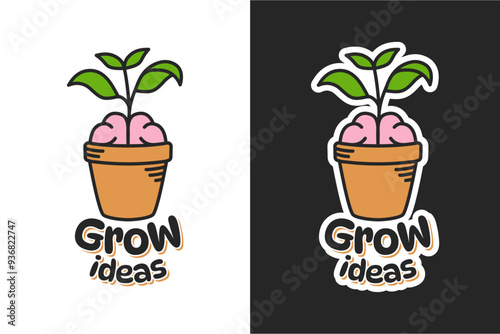 A design featuring a brain in a pot with a growing plant, accompanied by the text grow ideas.