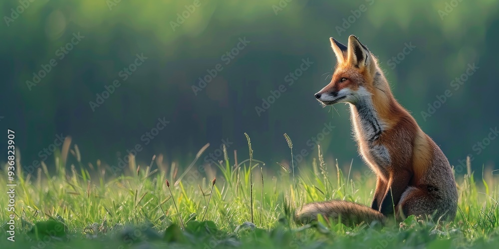 Fototapeta premium Red fox female in a vibrant green meadow Vulpes vulpes