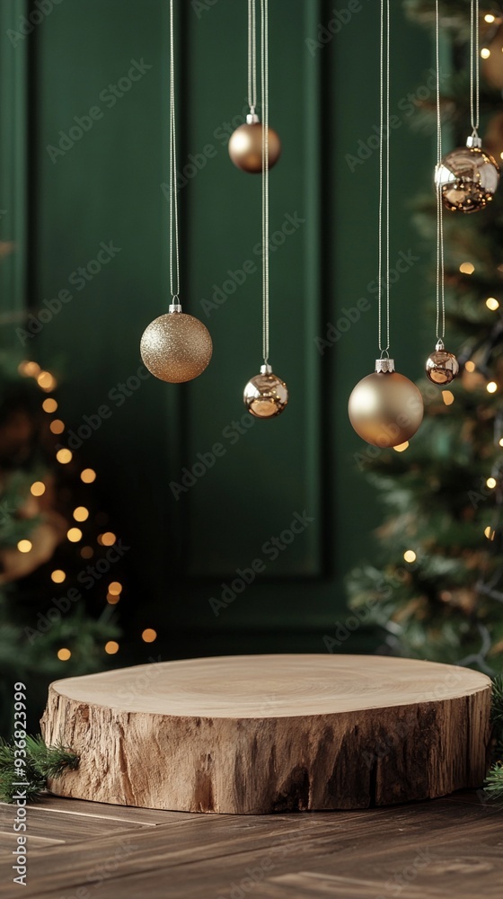 Fototapeta premium Festive holiday scene with elegant gold and silver ornaments suspended above a rustic wood slice, set against a deep green backdrop with twinkling lights.