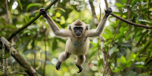 A monkey swinging from tree branches in a dense forest