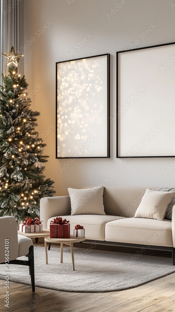 Festive living room with illuminated Christmas tree, twinkling wall art, and cozy beige sofa adorned with soft pillows, creating a warm and inviting holiday atmosphere. Festive living room with illuminated Christmas tree, twinkling wall art, and cozy beige sofa adorned with soft pillows, creating a warm and inviting holiday atmosphere.