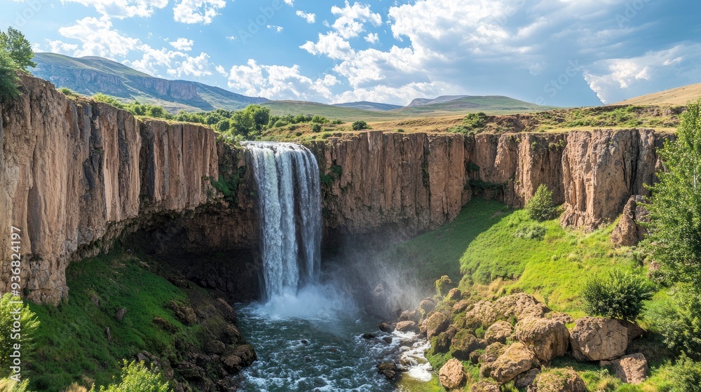 Panoramic image of Tortum (Uzundere) waterfall from down in Uzundere. Landscape view of Tortum Waterfall in Tortum,Erzurum,Turkey. Explore the world's beauty and wildlife , ai Panoramic image of Tortum (Uzundere) waterfall from down in Uzundere. Landscape view of Tortum Waterfall in Tortum,Erzurum,Turkey. Explore the world's beauty and wildlife , ai
