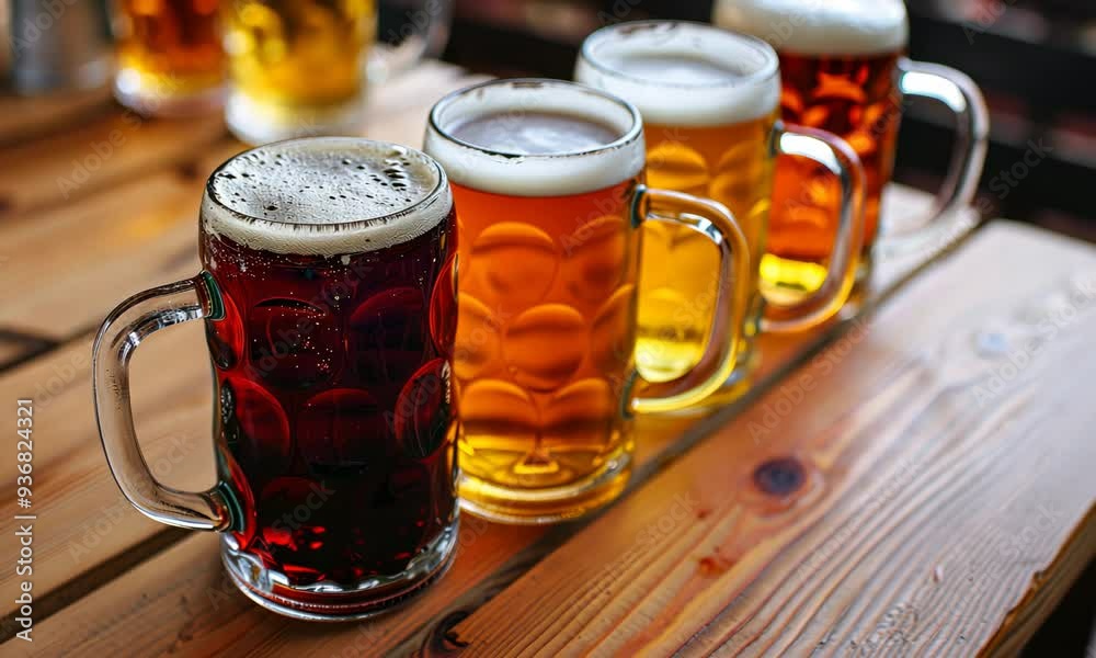 Variety of beer glasses on a wooden table Variety of beer glasses on a wooden table