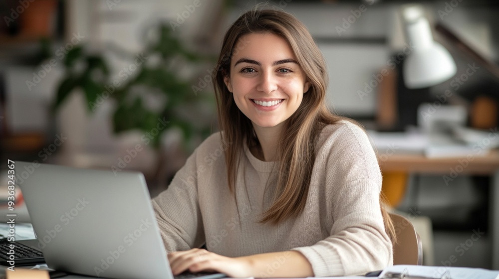 Radiant young woman working from home office, smiling confidently at camera while using laptop. Cozy interior with plants adds warmth to professional setup. Radiant young woman working from home office, smiling confidently at camera while using laptop. Cozy interior with plants adds warmth to professional setup.
