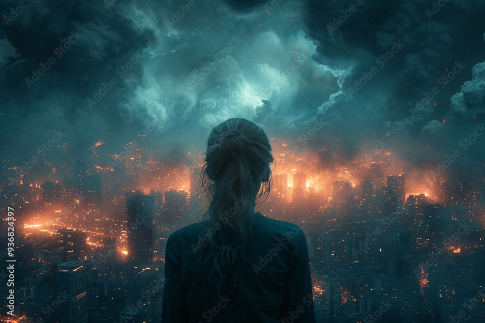 A contemplative figure gazes over a burning city skyline, capturing a moment of despair and reflection in a vividly imagined apocalyptic setting.