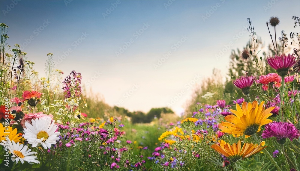 Obraz premium A vibrant field filled with colorful flowers under a clear sky, showcasing nature's beauty and tranquility.