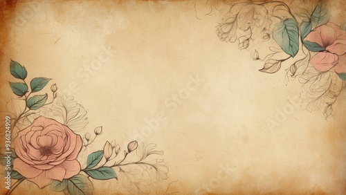 Vintage floral background with roses and leaves on old paper texture.